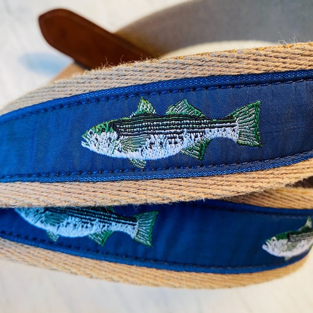 KIG Belt Fish Mens 38 Blue Leather Canvas Embroidered Fish Buckle‎ Golf Preppy